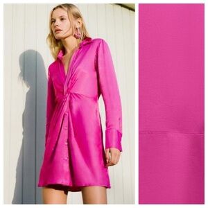 🌹NWT. Zara Magenta Pink 100% Viscose Satin Mini Dress with Knot. Size S.